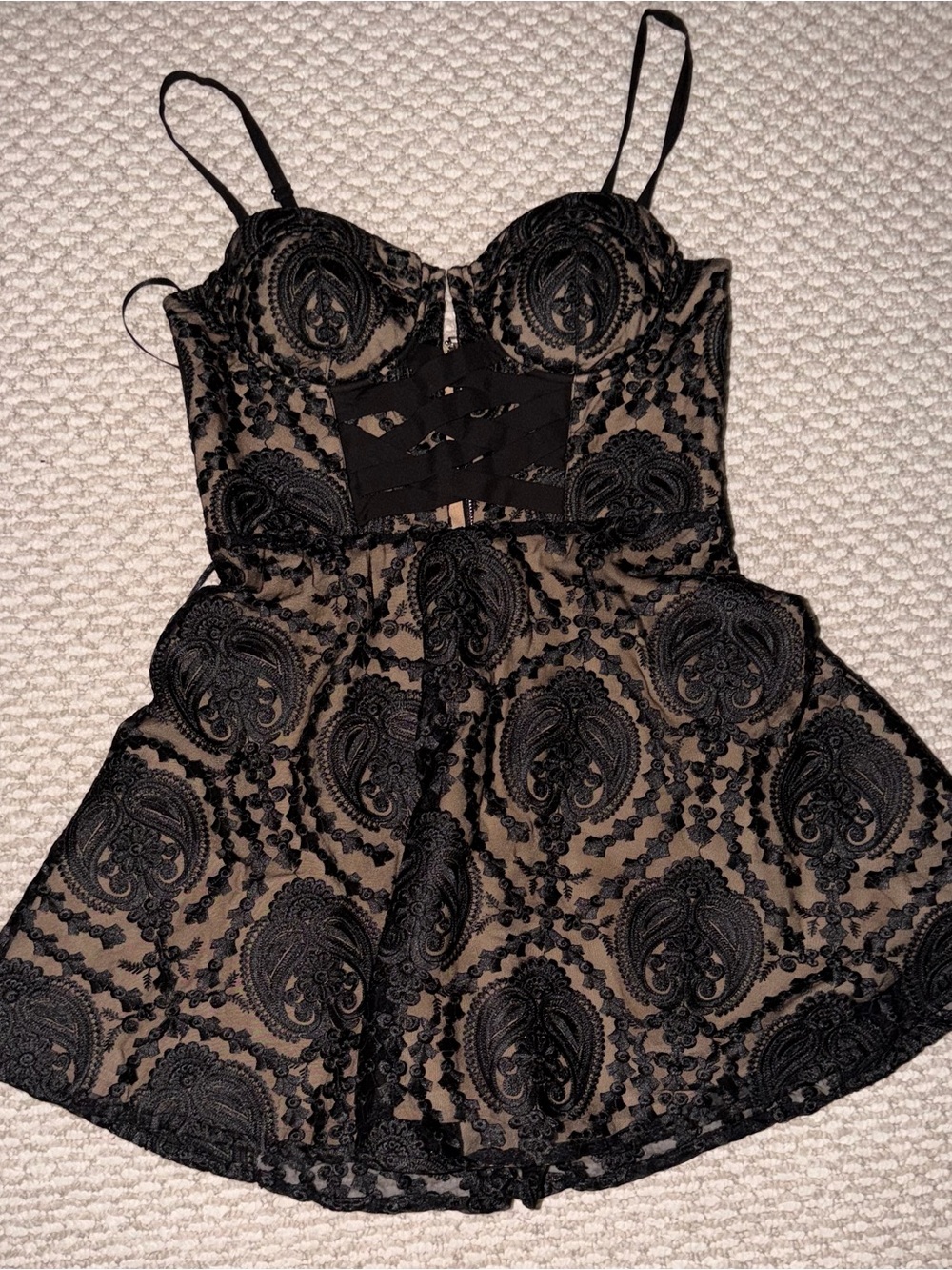 bebe Black Lace Overlay Nude-Underlayer Mini Dress